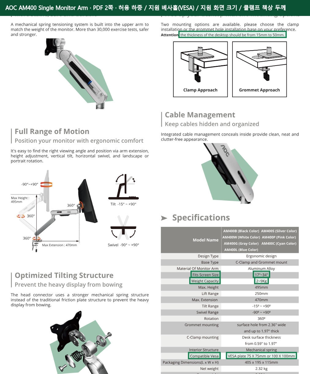 Alphascan AOC AM400 Single Monitor Arm 공식 자료 2페이지에서 허용 하중, 지원 베사홀(VESA), 지원 화면 크기, 클램프 책상 두께 항목을 녹색 박스로 강조한 캡처