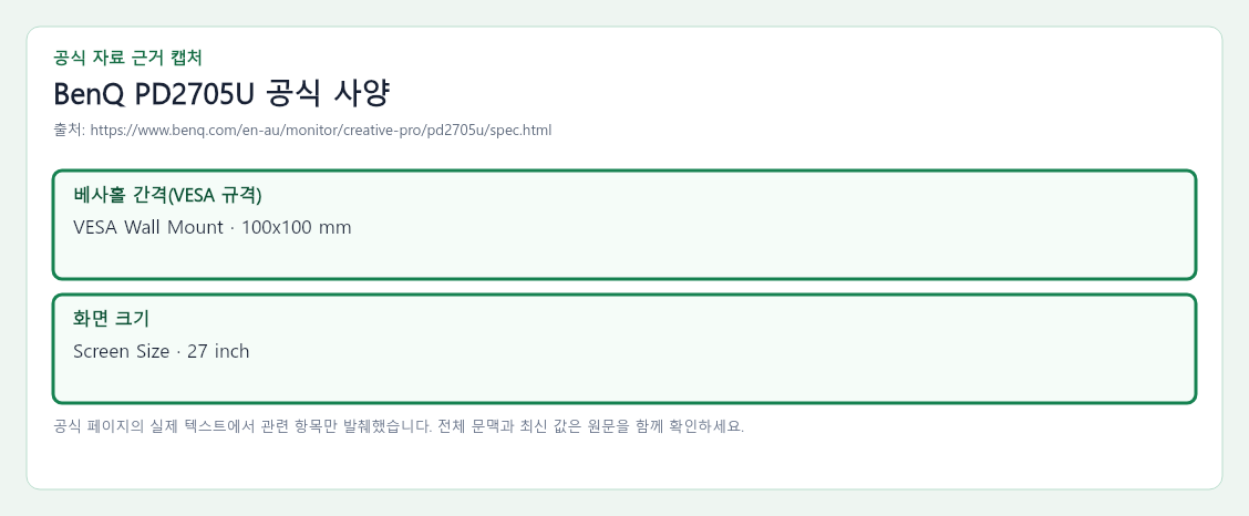 BenQ PD2705U 공식 자료에서 베사홀 간격(VESA 규격), 화면 크기 항목을 녹색 박스로 강조한 캡처