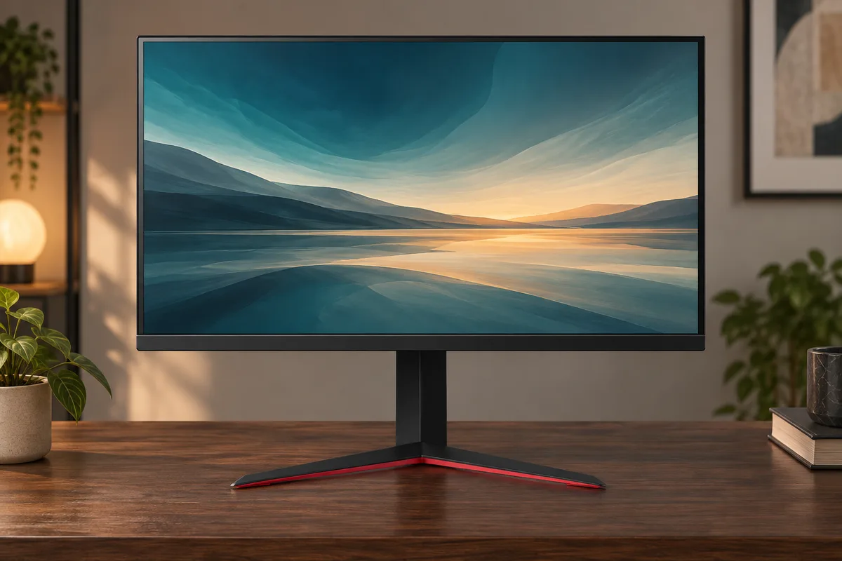 책상 위에 놓인 LG 27GP850 모니터의 정면 모습