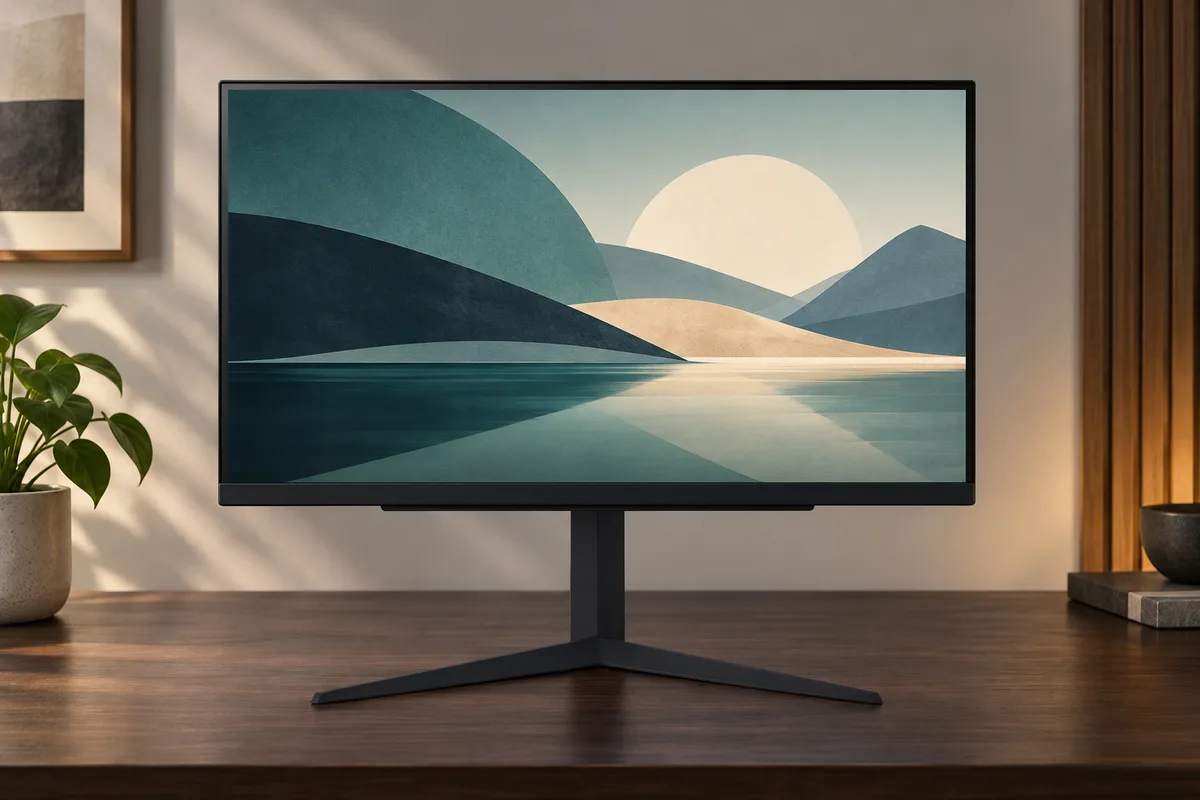 책상 위에 놓인 LG 27GS75Q 모니터의 정면 모습