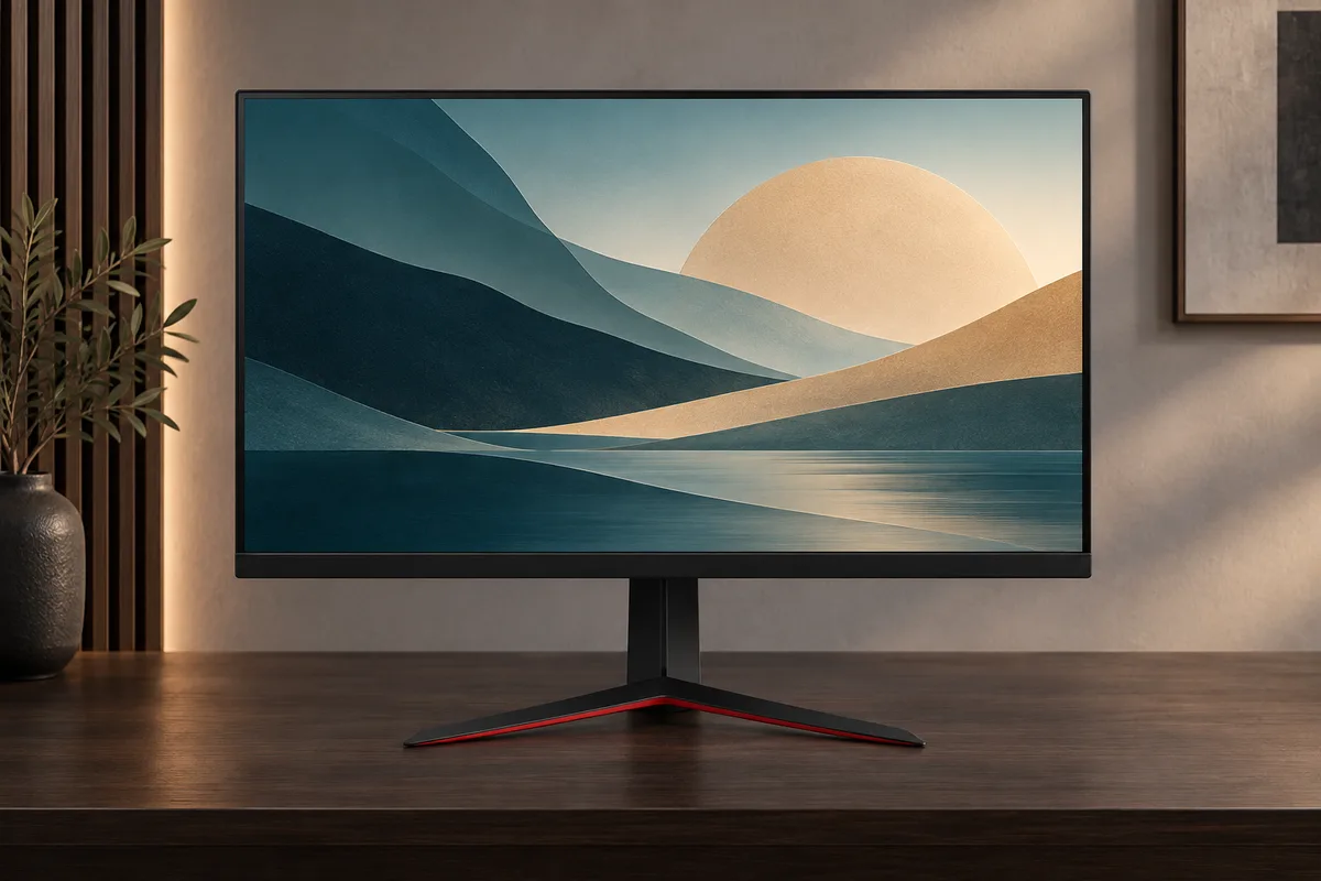 책상 위에 놓인 LG 32GP850 모니터의 정면 모습