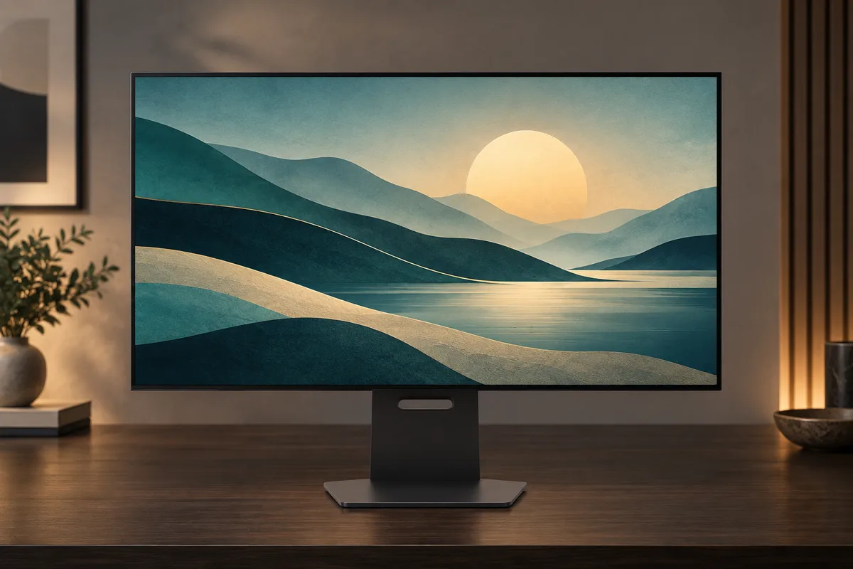 책상 위에 놓인 LG 32GS95UE 모니터의 정면 모습