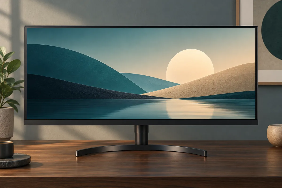 책상 위에 놓인 LG 34WN750 울트라와이드 모니터의 정면 모습
