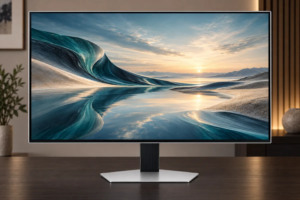 책상 위에 놓인 삼성 Odyssey OLED G8 G80SD 32형 모니터의 정면 모습