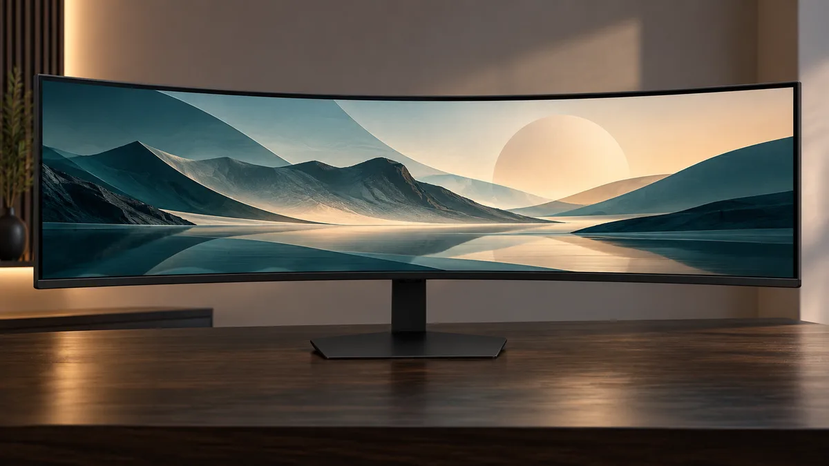책상 위에 놓인 삼성 Odyssey G9 G95C 곡면 모니터의 정면 모습